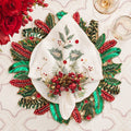 Holly and Sprig Napkin in White, Red & Green