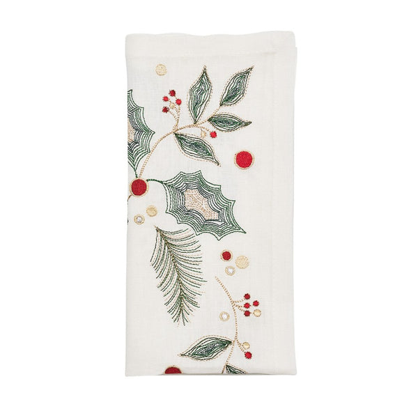 Holly and Sprig Napkin in White, Red & Green