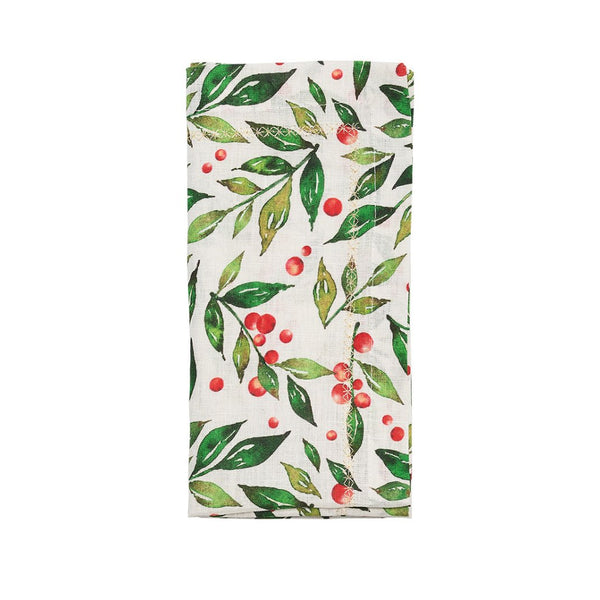 Winter Foliage Napkin in White, Red & Green