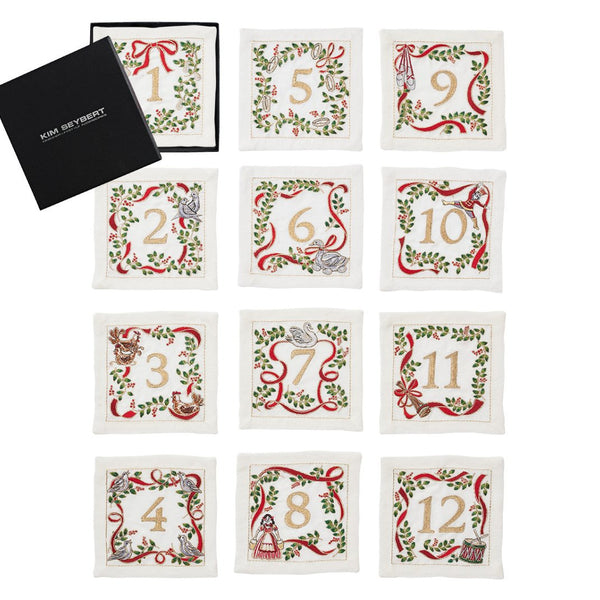 Xmas Carol Cocktail Napkin in White, Red & Green