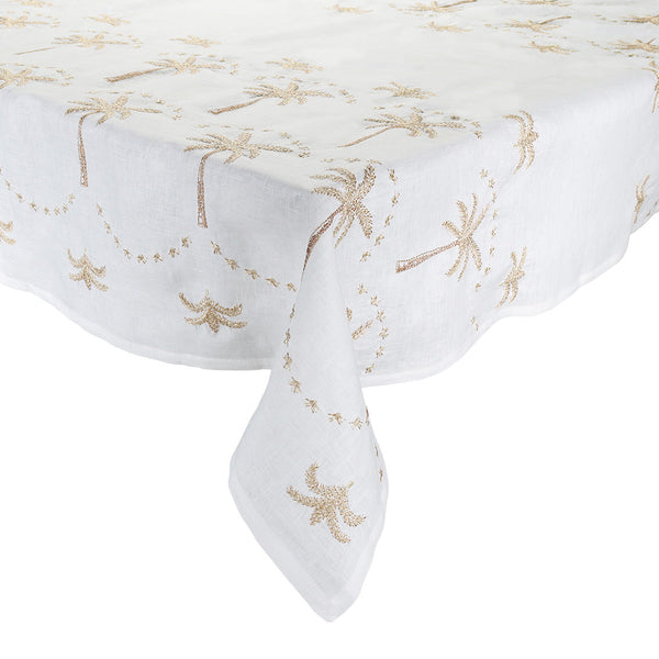 Embroidered Palm Tablecloth in White, Natural & Gold